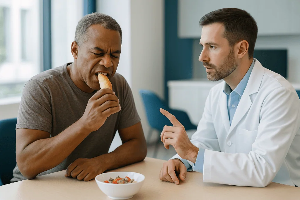 Man eating food while speaking with doctor: Bite force: why clenchers and grinders often hear the word zirconia