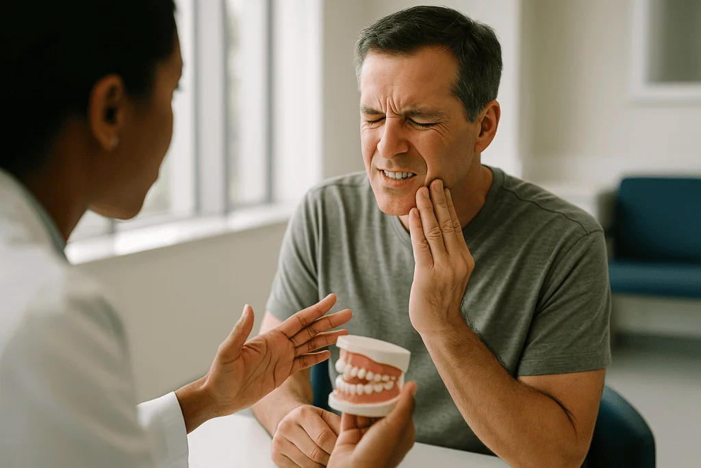 Dentist consulting patient about gum recession using dental model: Bite stress, clenching and grinding: what the evidence re