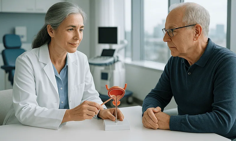 Urologist explaining bladder health to an elderly male patient in a medical office.