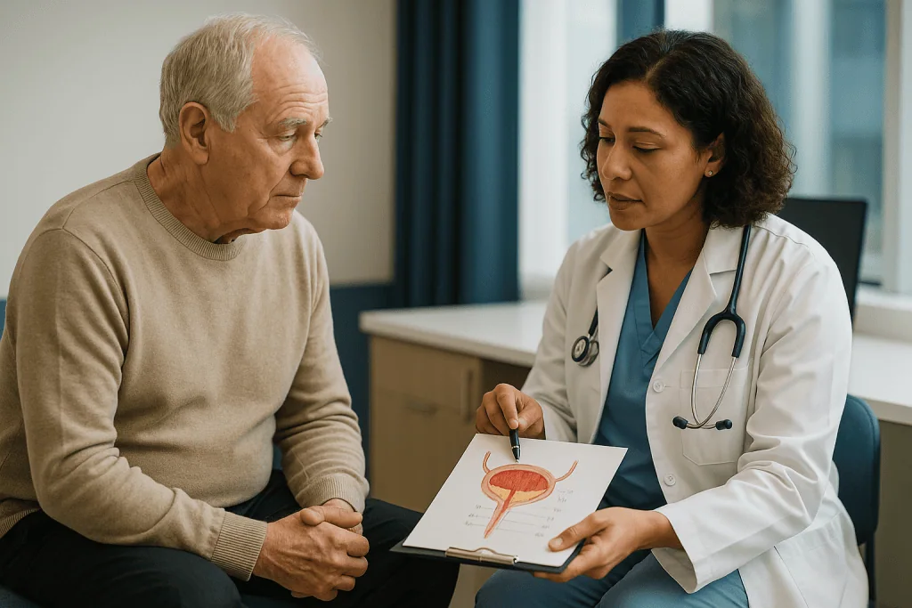 Doctor showing anatomical diagram to elderly male patient: Bladder cancer stages explained: Ta, T1, T2 and beyond