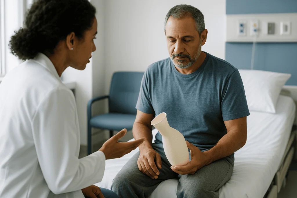 Healthcare provider consulting patient holding medical device: Bladder changes after a spinal cord disorder: which ones are 