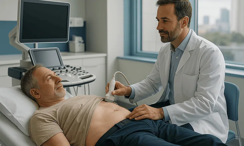 Urologist examining a patient in a hospital room for bladder health.