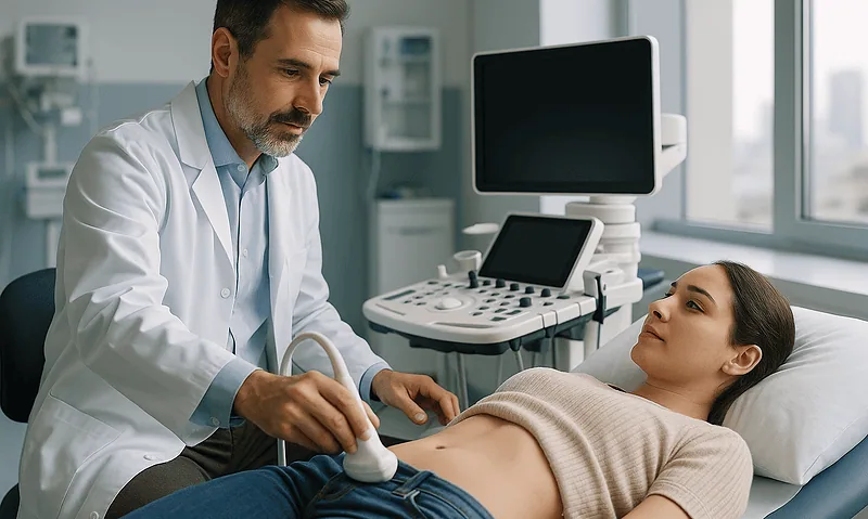 Urologist performing an ultrasound examination on a female patient in a hospital room.