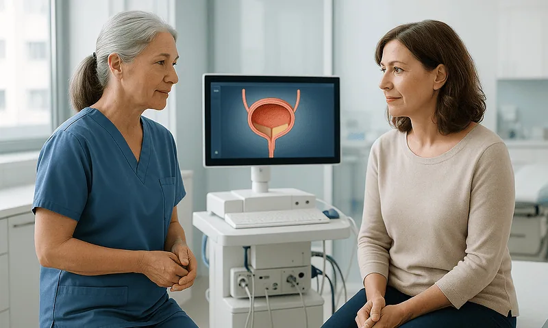 Urologist consulting with a patient about bladder health in a medical clinic.