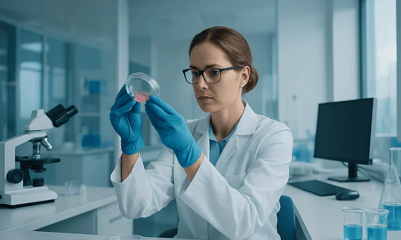 Female scientist examining a petri dish in a laboratory setting.
