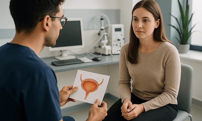 Doctor explaining bladder health to a patient in a medical consultation.
