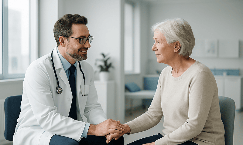 Doctor consulting with elderly woman in a medical office setting.