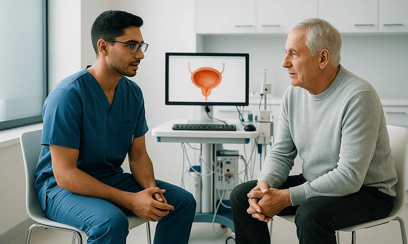 Urologist consulting with an elderly patient about bladder health.