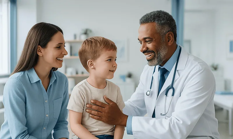 Pediatric consultation with a doctor and happy family in a clinic setting.