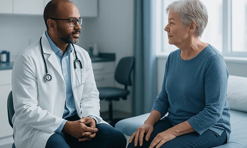 Doctor consulting with an elderly female patient in a medical office.