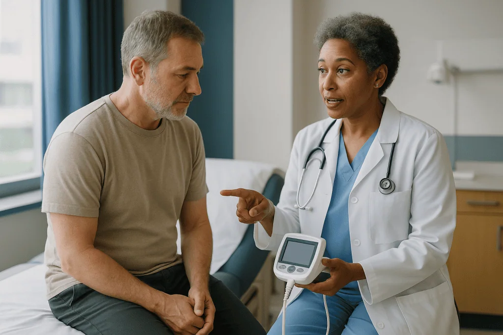 Doctor consulting patient with portable medical device: Bladder scan vs catheter residual: the core difference in plain lang