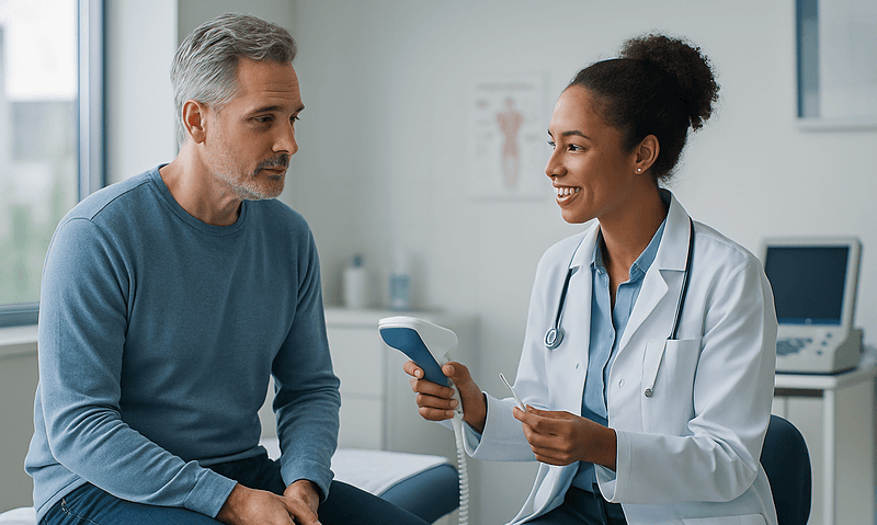 Doctor explaining bladder scanner to patient in clinic setting.