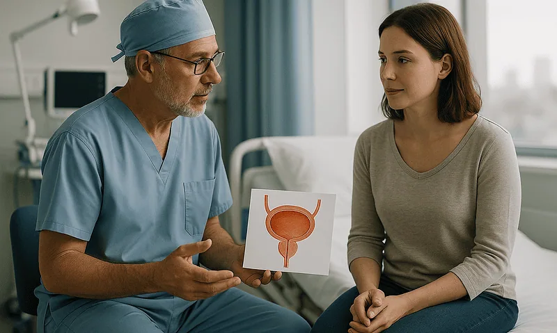 Urologist explaining bladder health with diagram to patient in hospital room.