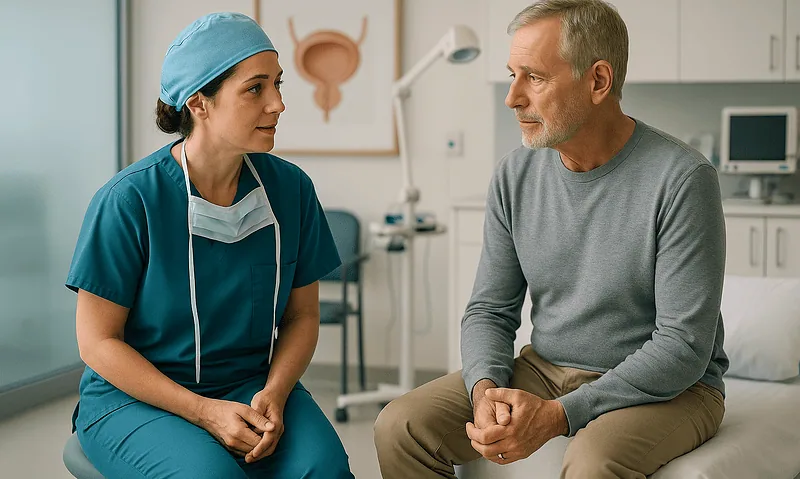 Urologist consulting with a male patient in a medical office.