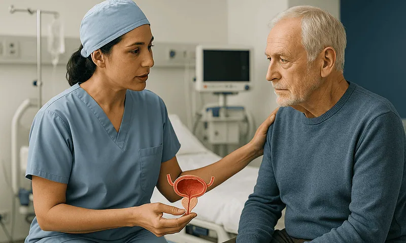Urologist explaining bladder health to senior patient in hospital.