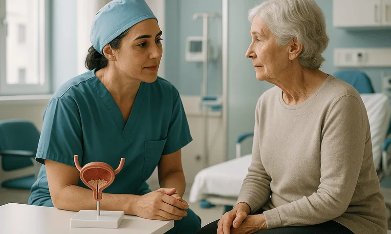 Urologist consulting with elderly patient in hospital room.