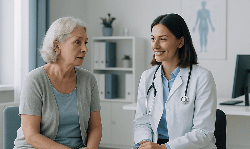 Doctor consulting with elderly woman in a medical office.