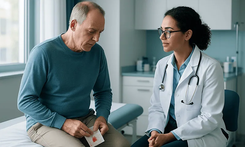 Doctor consulting with male patient in a medical office.