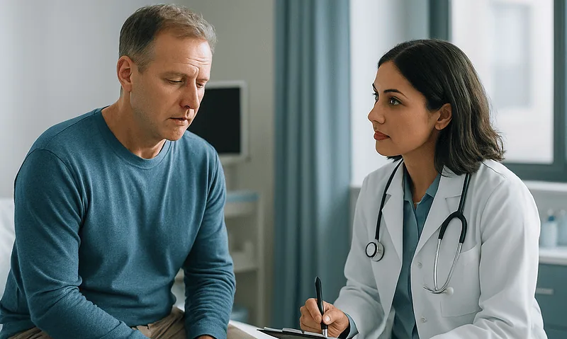 Doctor consulting with a patient about nasal bleeding after FESS surgery.