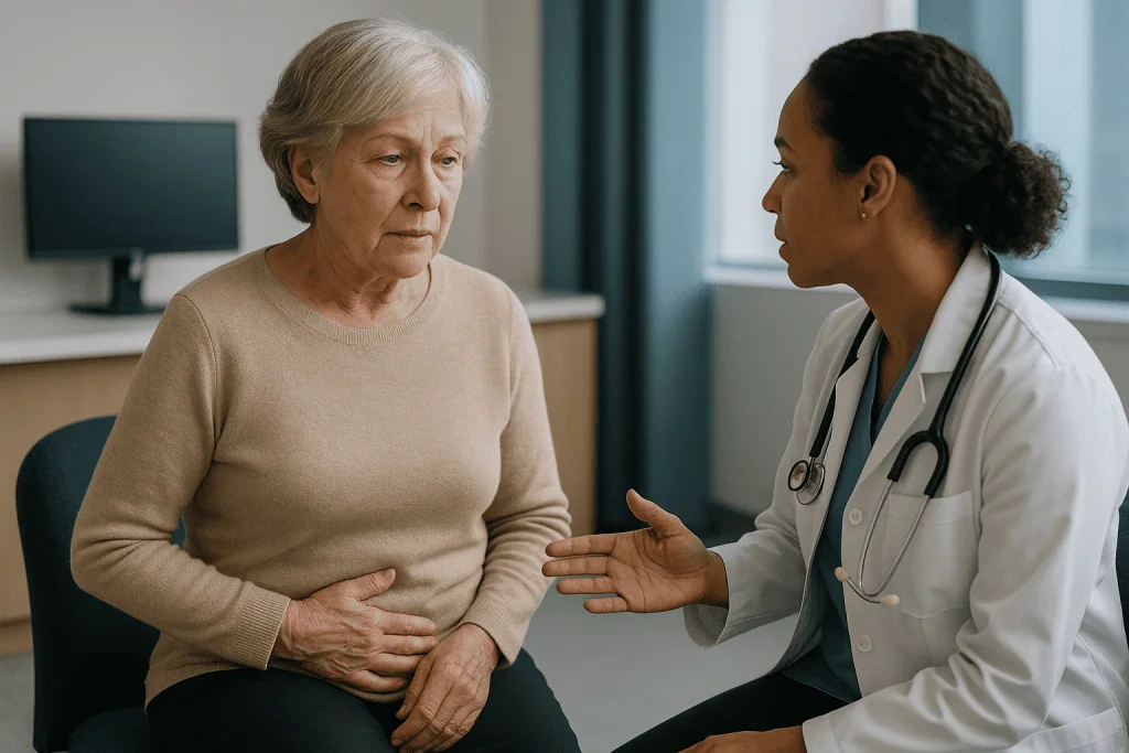 Doctor consulting with senior female patient about abdominal symptoms: Bleeding after menopause: why it usually goes straigh