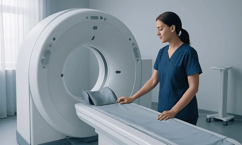 Medical technician prepares MRI scan bed in hospital imaging room.