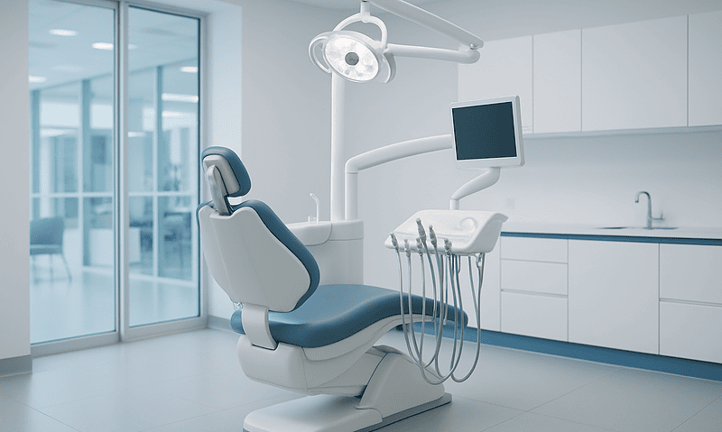 Modern dental clinic with dental chair and equipment in a clean, bright room.