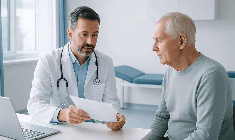 Doctor consulting with elderly patient in a modern clinic setting.