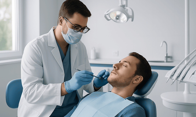 Dentist performing a dental check-up on a patient in a clinic.