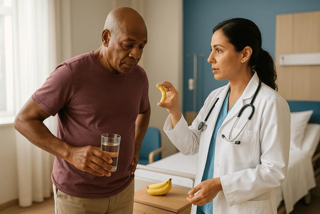 Doctor consulting patient about nutrition and hydration: Bleeding two weeks after TURP: why the scab lets go