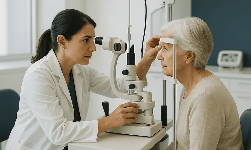 Ophthalmologist examining elderly woman's eye with slit lamp.