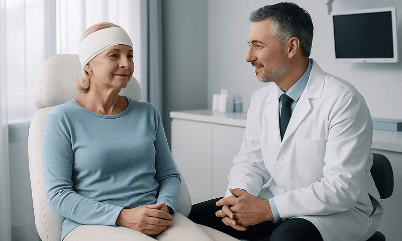 Doctor consulting with a female patient in a medical office.