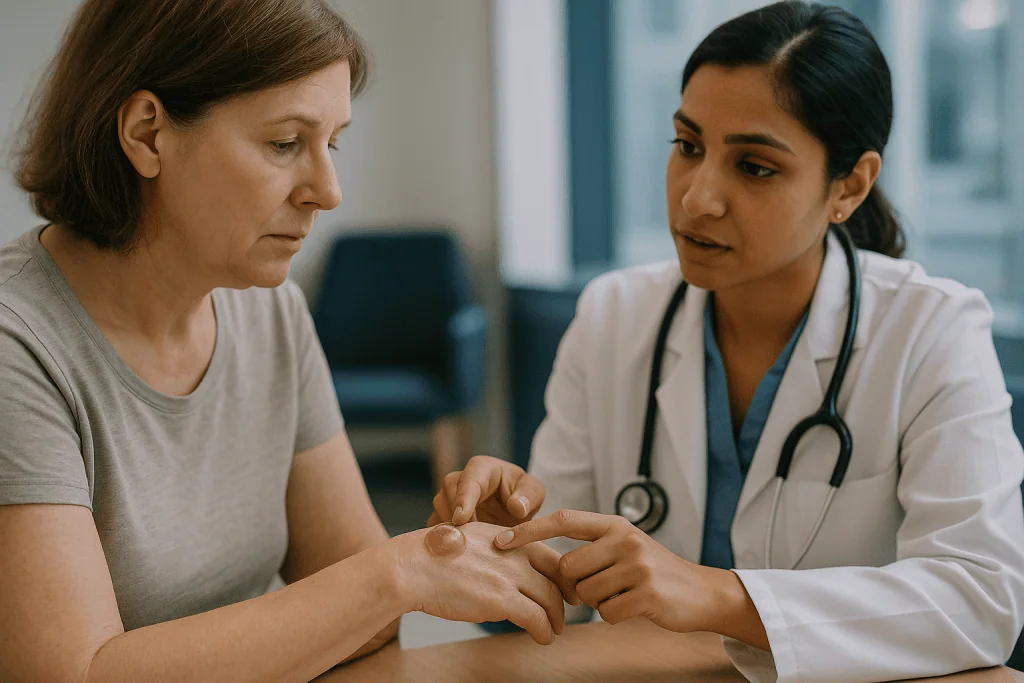Doctor examining patient's hand during consultation: Blister after cryotherapy: clear, cloudy or bloody, and what each means