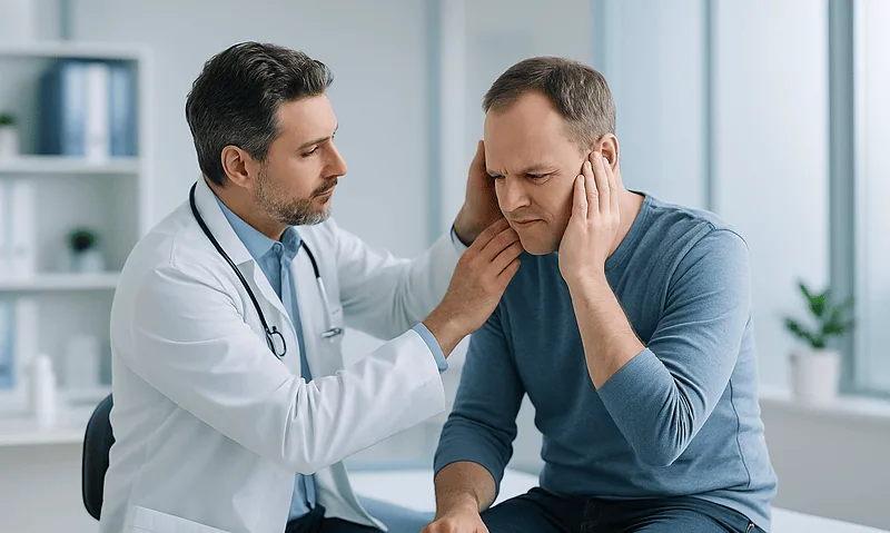Doctor examining a patient with blocked ears in a clinic setting.