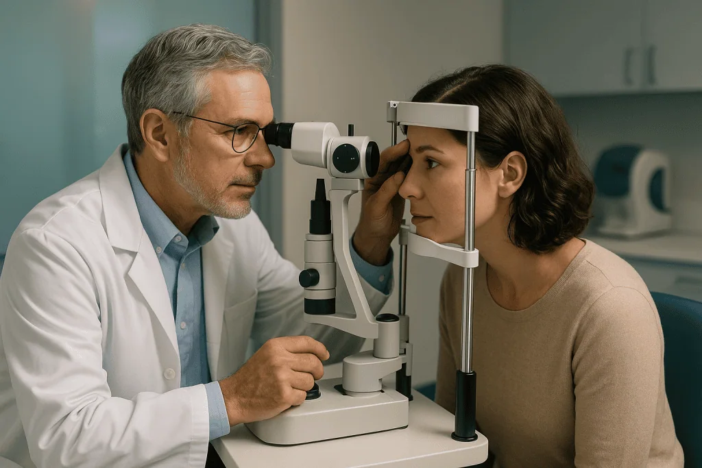 Blocked Tear Duct 1 Ophthalmologist examining patient's eye with slit lamp at Acibadem Hospital.