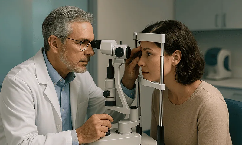 Ophthalmologist examining patient's eye with slit lamp at Acibadem Hospital.