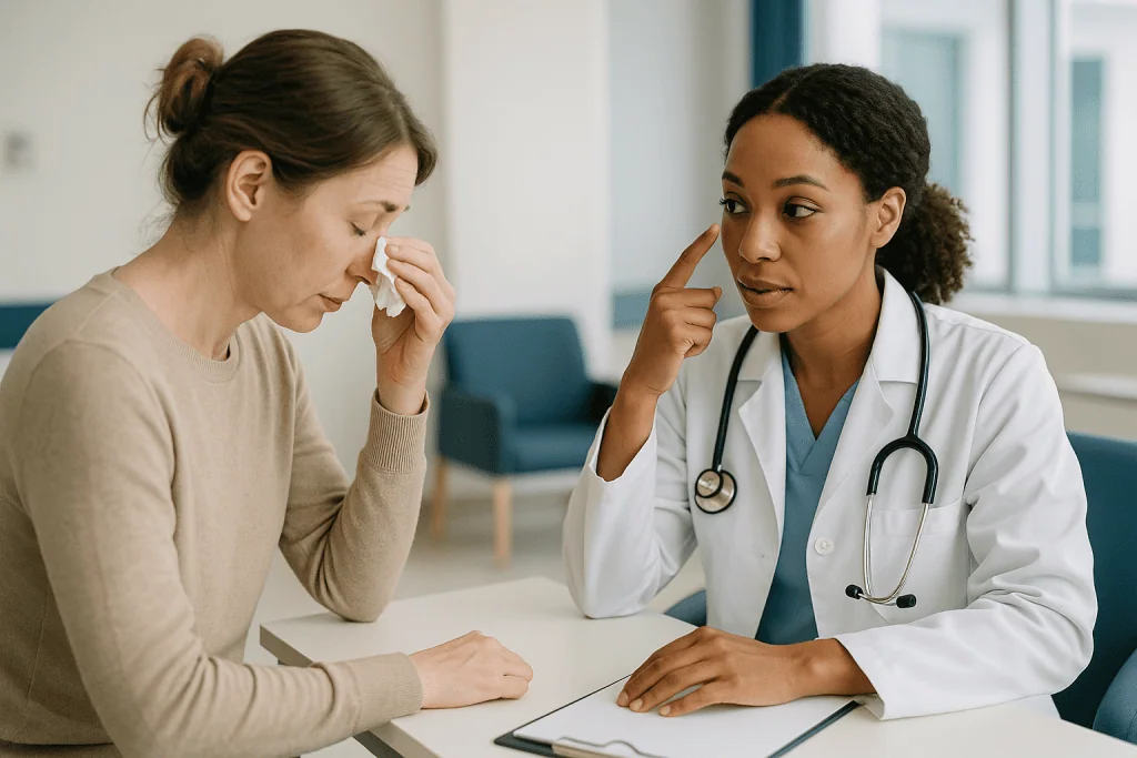 Doctor consulting with patient about general health concern — Blocked tear duct causes: why the drain narrows or closes