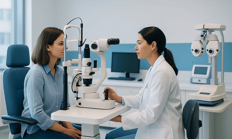 Ophthalmologist examining patient with slit lamp in clinic.