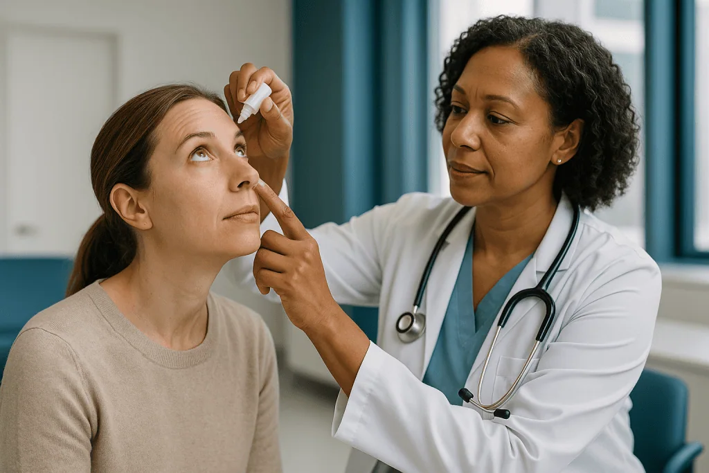Doctor examining patient's eye with fluorescein strip: Blocked tear duct treatment options, from least to most invasive