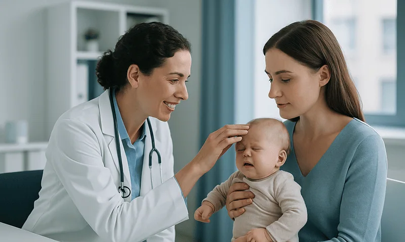 Pediatrician examining a crying baby with mother in a clinic setting.