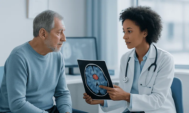 Doctor explaining brain scan showing blood clot to patient in consultation room.