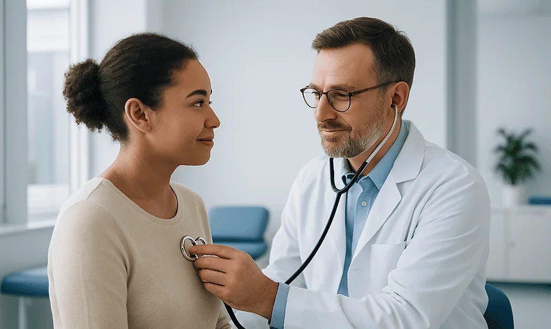 Doctor examining a young woman with stethoscope in a medical clinic.