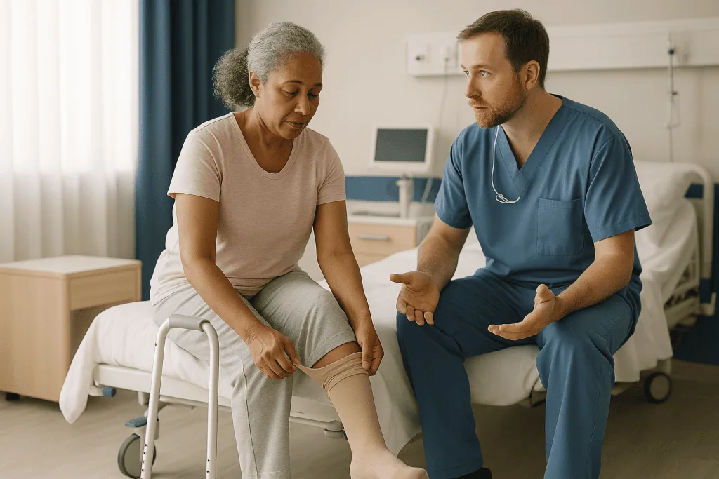 Doctor consulting with patient about knee or leg injury: Blood clots after hip surgery: why the risk rises and how teams low