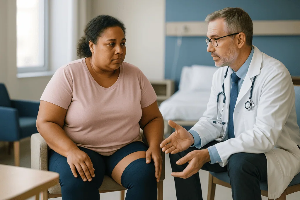 Doctor consulting with adult patient in clinical setting: Blood clots: the lipedema surgery risk worth taking most seriously