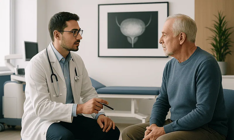Urologist consulting with an elderly male patient in a hospital office.