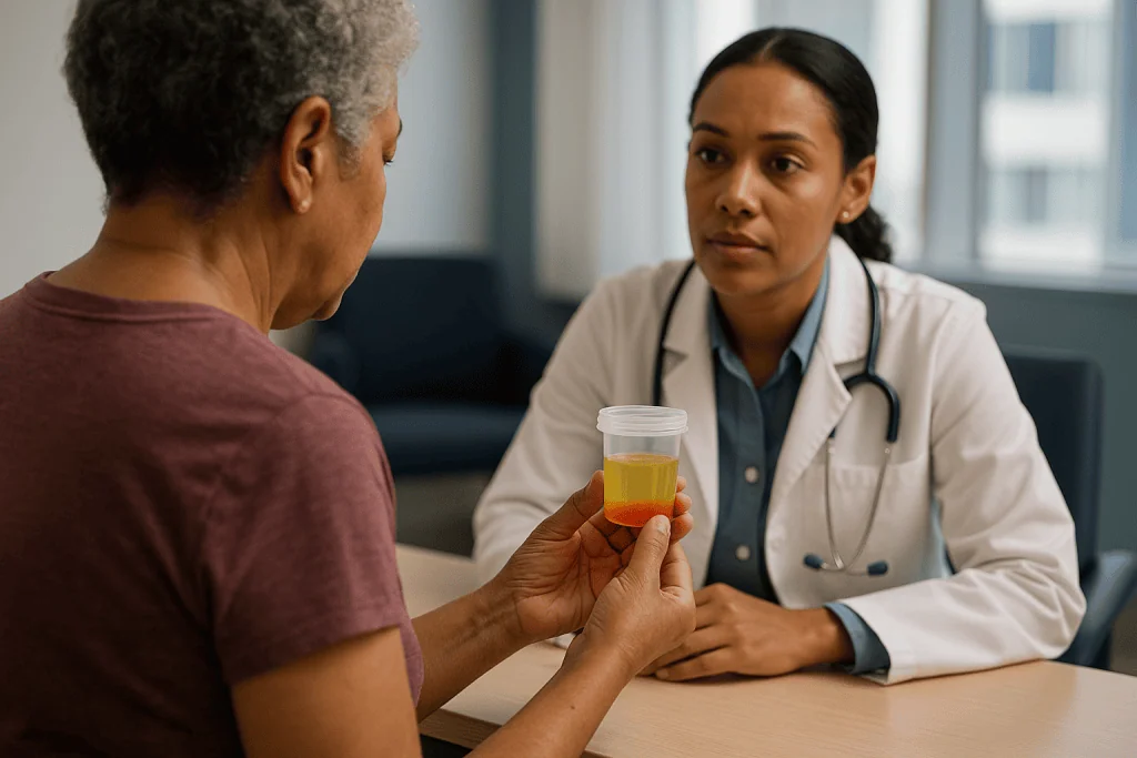 Doctor consulting with patient, holding urine sample cup: Blood in urine with interstitial cystitis: what IC can and cannot 