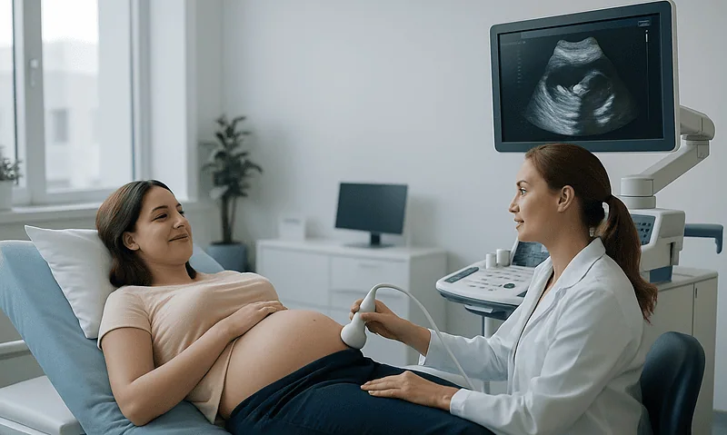 Pregnant woman having ultrasound scan at hospital.