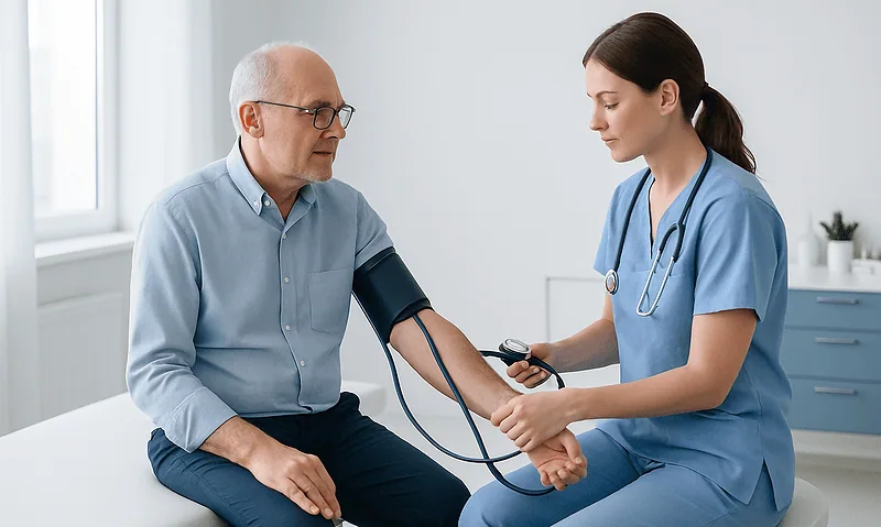 Doctor measuring senior man's blood pressure in clinic setting.