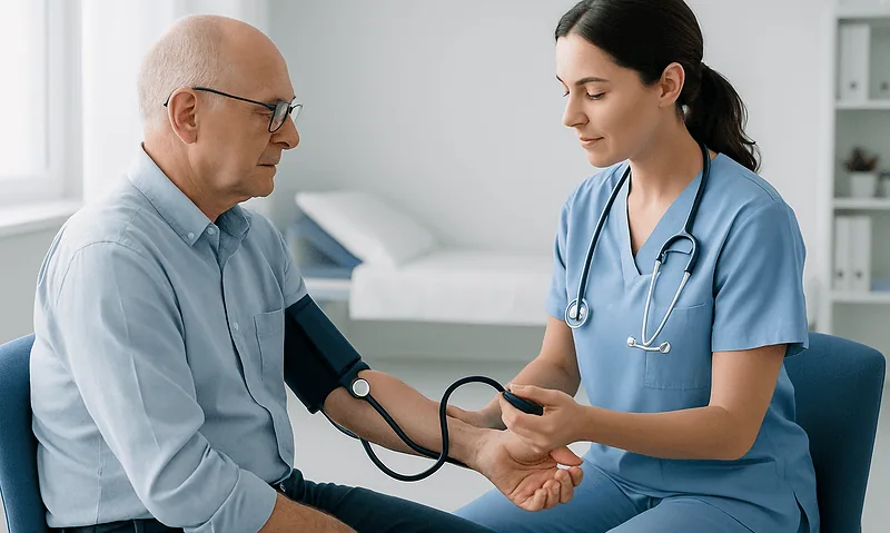 Nurse measuring senior man's blood pressure with a sphygmomanometer.