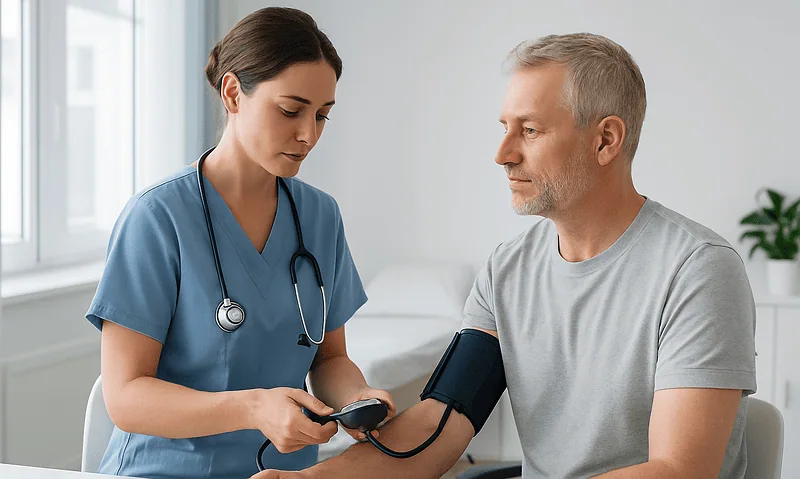 Nurse measuring blood pressure of a patient with a digital monitor.