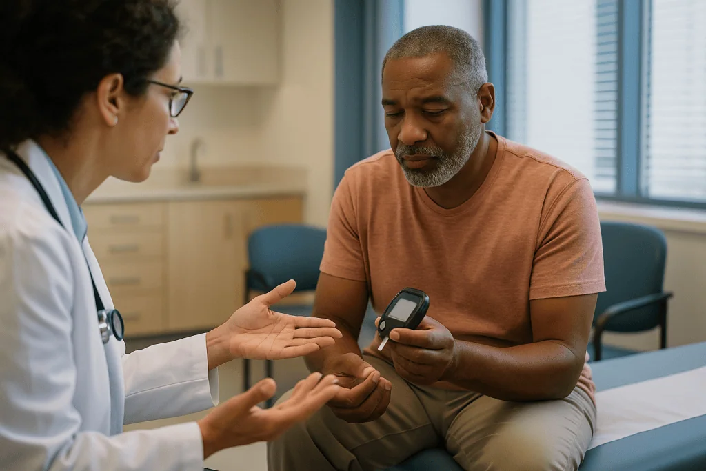 Doctor consulting patient with blood glucose meter: Blood sugar and wound healing: what high glucose actually does to a woun